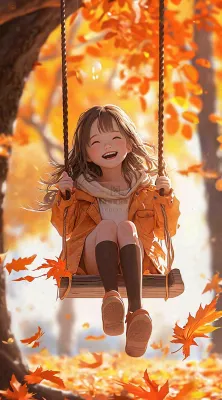 秋天浪漫秋叶儿童少女荡秋千插画,秋分 秋天浪漫秋叶儿童少女荡秋千插画,秋分