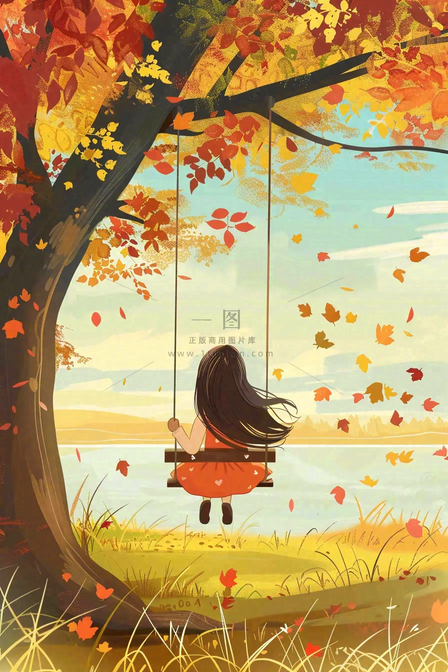 秋天湖泊大树下荡秋千的女孩落叶立秋秋分卡通插画背景
