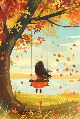 秋天湖泊大树下荡秋千的女孩落叶立秋秋分卡通插画背景 秋天湖泊大树下荡秋千的女孩落叶立秋秋分卡通插画背景