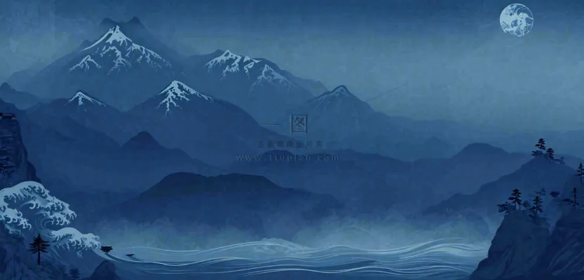 中国风意境山脉雪山海浪蓝色云层，末日暗黑恐怖