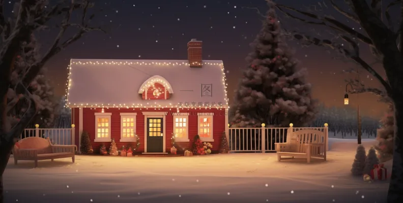 冬天夜晚森林里的房子被白雪覆盖卡通插画背景