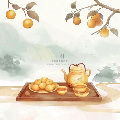 秋天果树杏树下茶壶饮茶卡通插画立秋秋分背景 秋天果树杏树下茶壶饮茶卡通插画立秋秋分背景