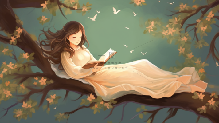 少女女孩穿着白色裙子躺着树干看书树枝盛开的花朵卡通插画