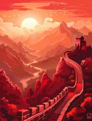 万里长城中国山河红色北京旅游景点八一建军节红色文化卡通插画背景