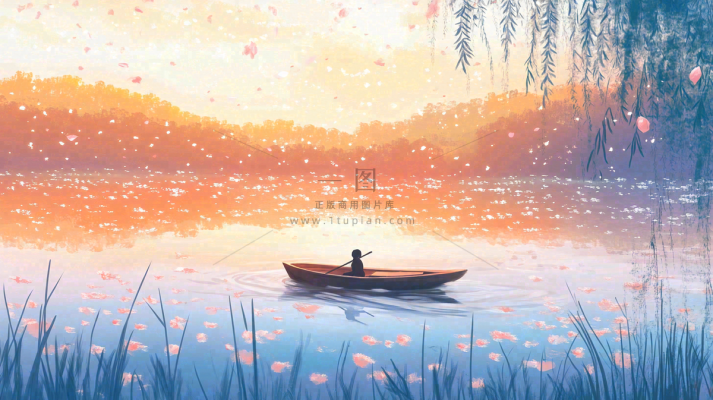 秋天湖面泛舟的人落叶芦苇寒露白露插画背景 秋天湖面泛舟的人落叶芦苇寒露白露插画背景