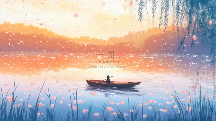 秋天湖面泛舟的人落叶芦苇寒露白露插画背景 秋天湖面泛舟的人落叶芦苇寒露白露插画背景