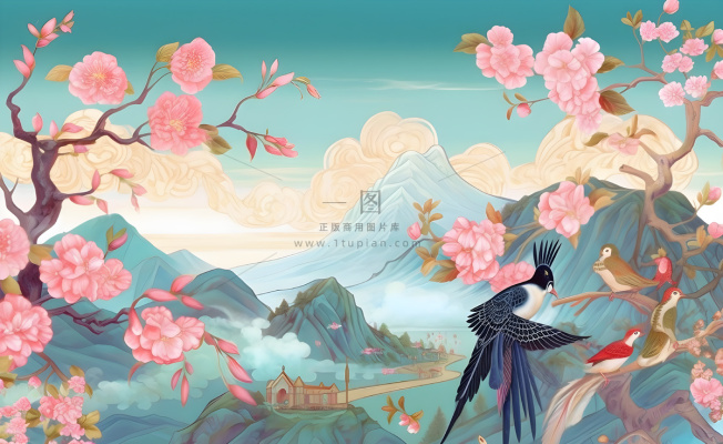 国潮风山峦云树枝花鸟插画海报素材背景 国潮风山峦云树枝花鸟插画海报素材背景