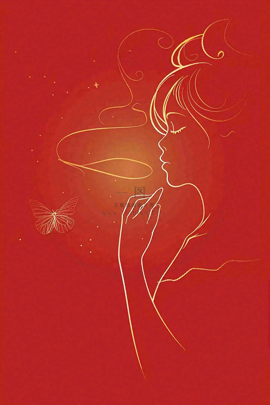 红色金线剪影女生节妇女节唯美插画背景