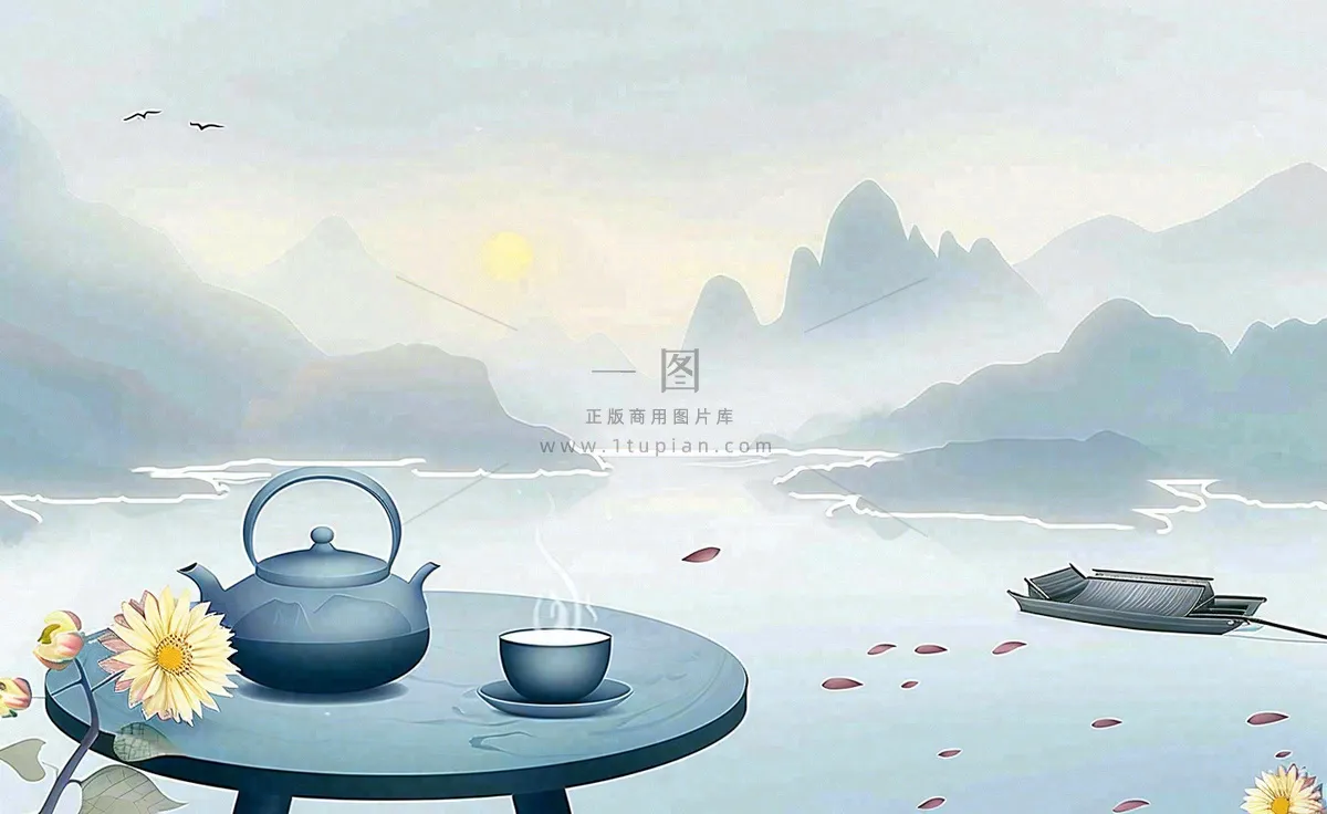 中国山水水墨画菊花饮茶重阳清明寒露插画背景