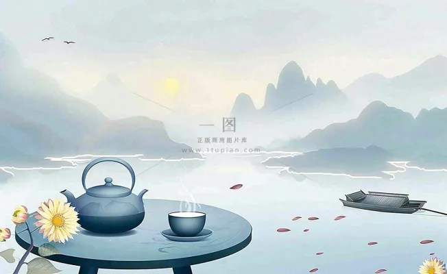 中国山水水墨画菊花饮茶重阳清明寒露插画背景 中国山水水墨画菊花饮茶重阳清明寒露插画背景