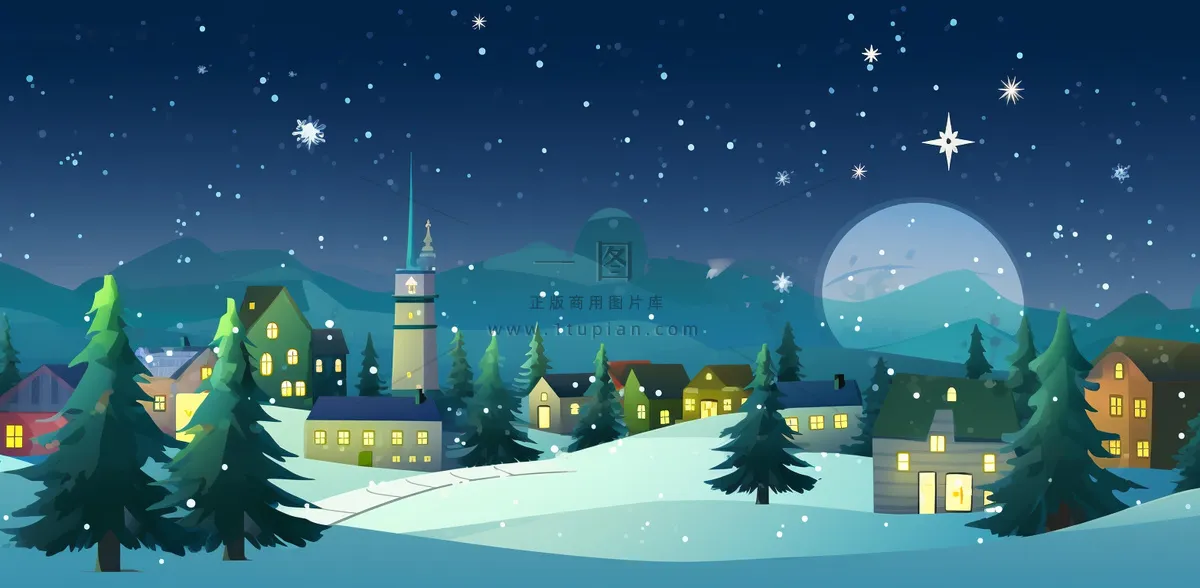 冬季雪天圣诞小镇装饰夜晚节日氛围卡通插画背景
