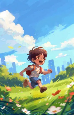 遨游大自然草坪的孩子快乐儿童节卡通插画背景 遨游大自然草坪的孩子快乐儿童节卡通插画背景