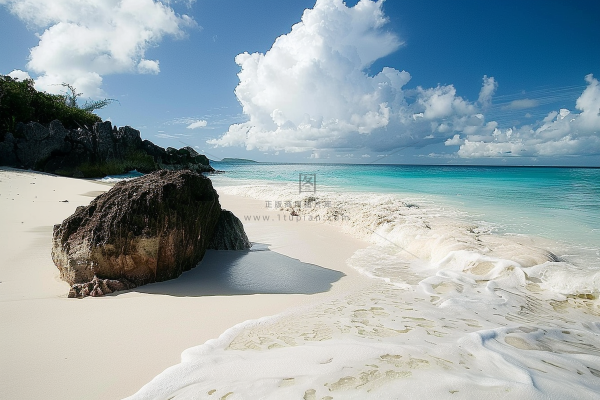 夏日海滩礁石蓝色度假摄影图