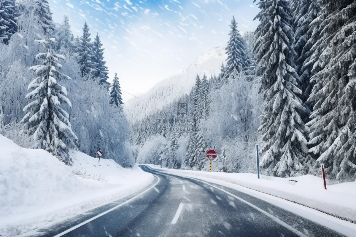 冬季雪山森林雾凇公路道路摄影图