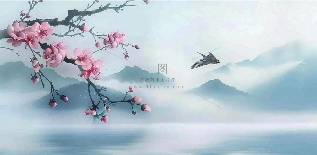 中国风水墨画山水船梅花春天春分清明插画背景