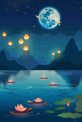 月圆之夜湖面莲花灯祈福星空中秋中元节插画背景