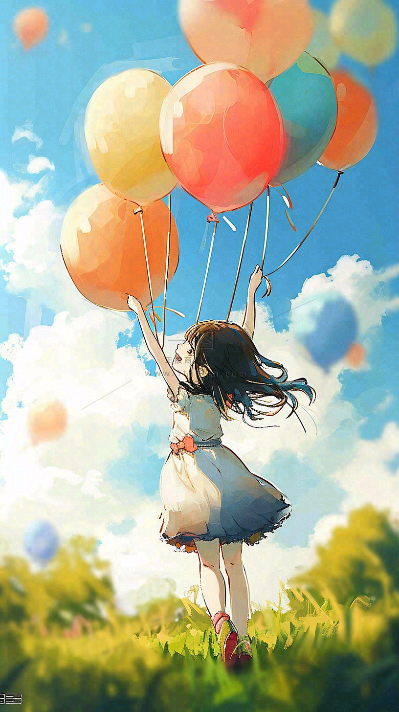 一个可爱的小女孩手里牵着彩色气球在草地上奔跑夏天，儿童节
