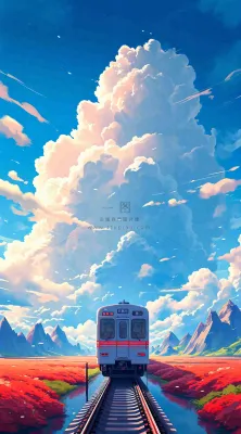 蓝天白云交通高铁铁路火车,草坪鲜花彩色插画 蓝天白云交通高铁铁路火车,草坪鲜花彩色插画