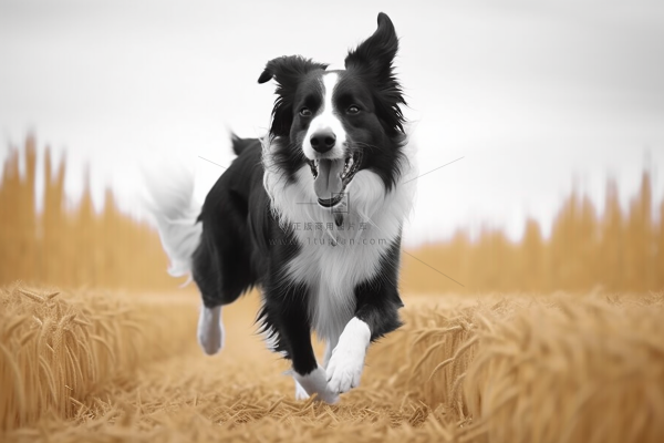秋天奔跑的边牧宠物狗摄影图