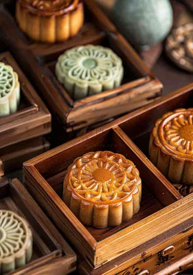 中国传统美食月饼中秋木质礼盒精美礼品摄影图