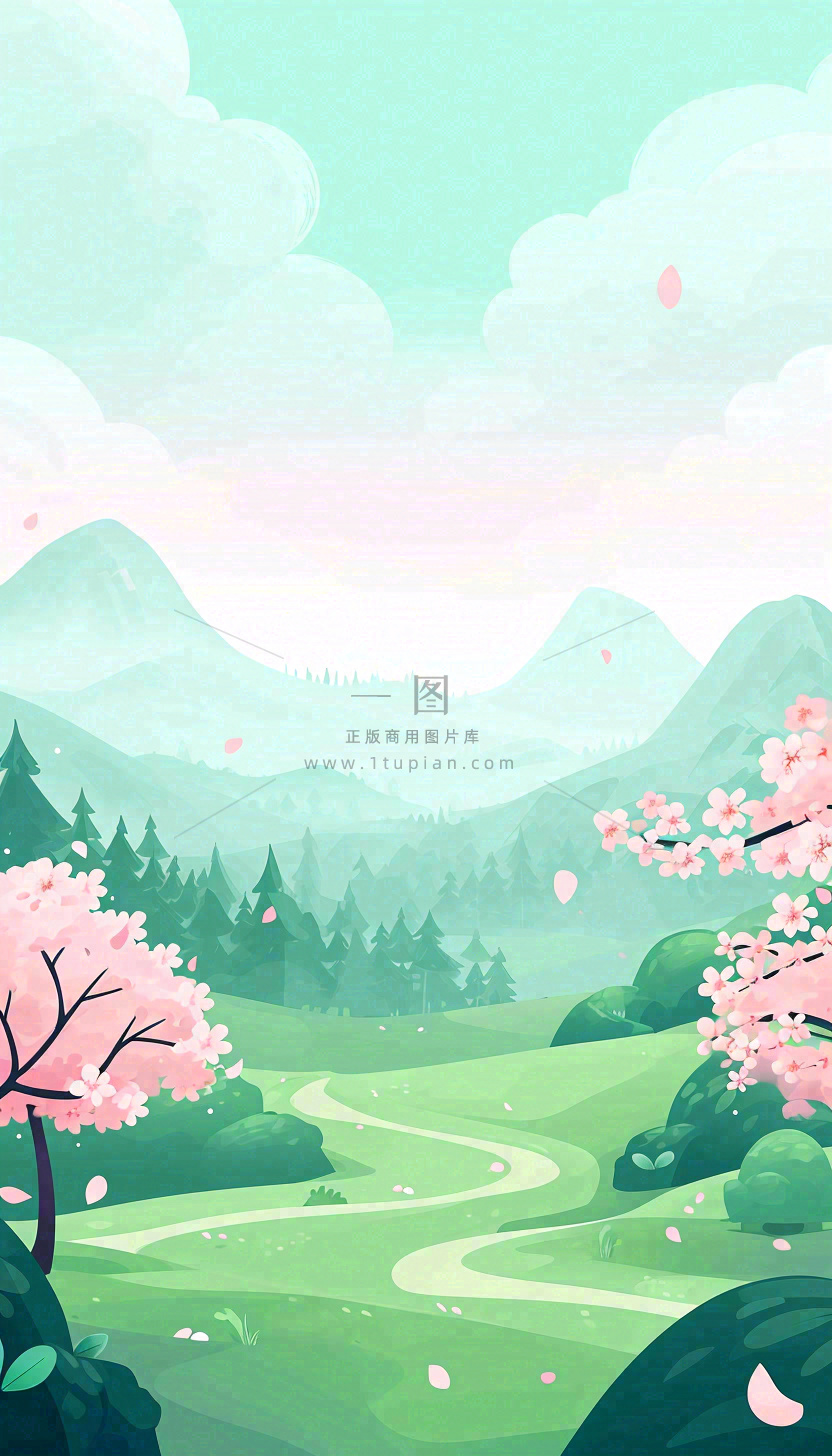 春天卡通手绘绿色的山景和开满粉红色画的树,春游,踏青,春分
