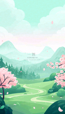 春天卡通手绘绿色的山景和开满粉红色画的树,春游,踏青,春分 春天卡通手绘绿色的山景和开满粉红色画的树,春游,踏青,春分