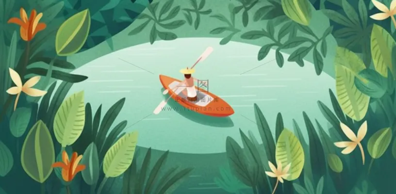 卡通插画湖面植物划船游湖背景 卡通插画湖面植物划船游湖背景