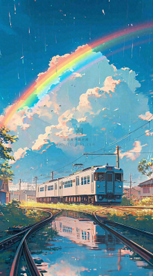 蓝天白云下草地河流高铁火车铁路手绘插画