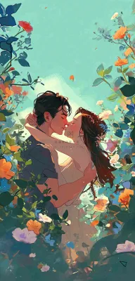 森林花丛里情侣拥抱亲吻爱情手绘插画，情人节