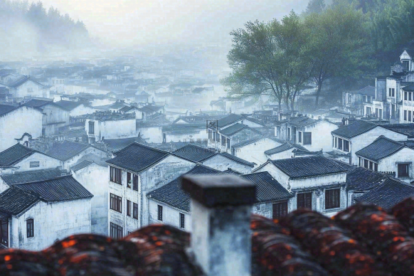 江南风景屋檐瓦舍雾村庄山林摄影图