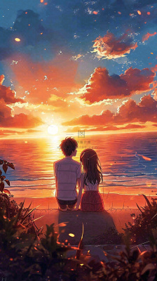 海边落日情人节情侣温馨爱情拥抱手绘插画