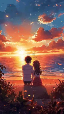 海边落日情人节情侣温馨爱情拥抱手绘插画