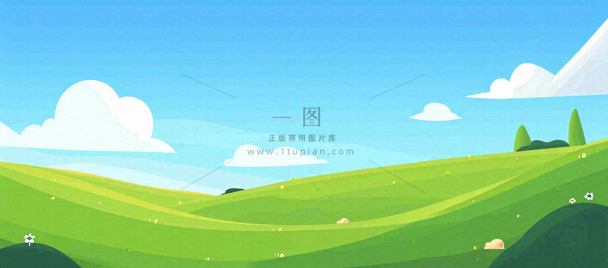 春天卡通扁平插画手绘蓝天绿色草地,春游,郊游,踏青
