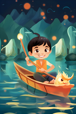 水上划船龙舟水草卡通插画背景