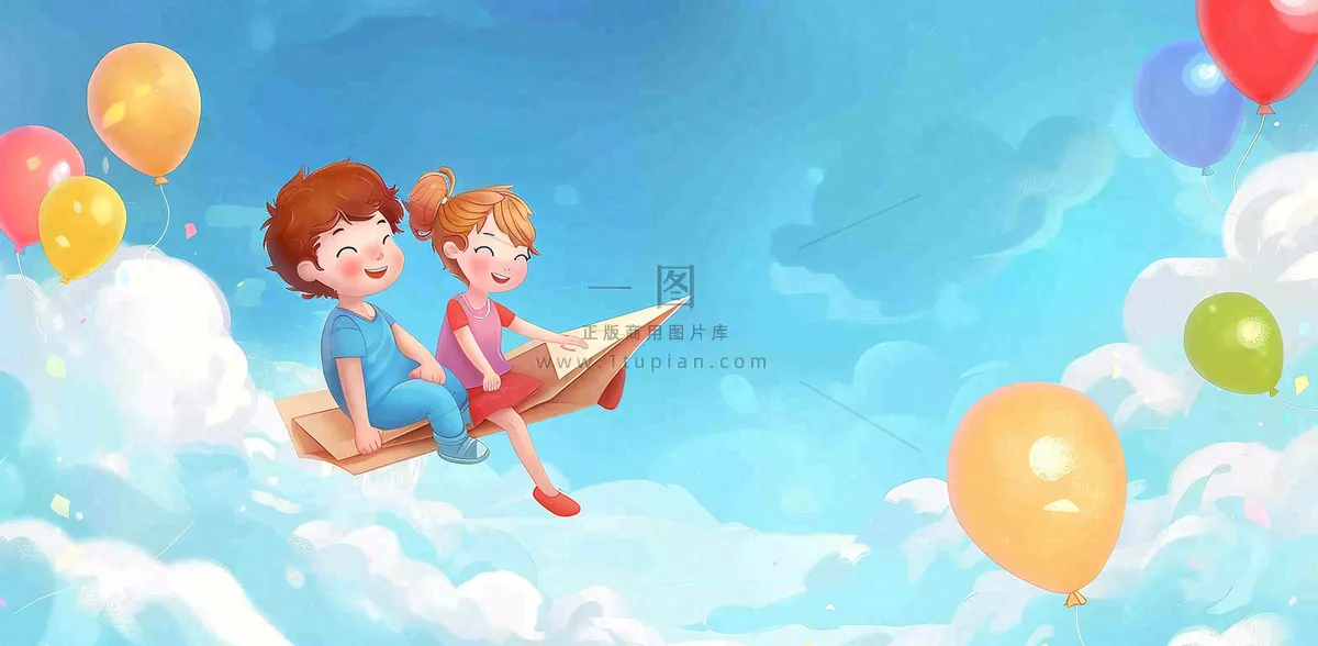 白云蓝天坐着纸飞机的儿童天空儿童节卡通插画背景