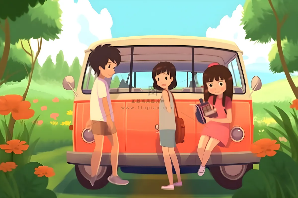 开车旅游草原花草人物卡通插画背景