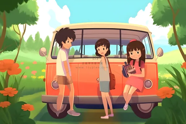 开车旅游草原花草人物卡通插画背景 开车旅游草原花草人物卡通插画背景