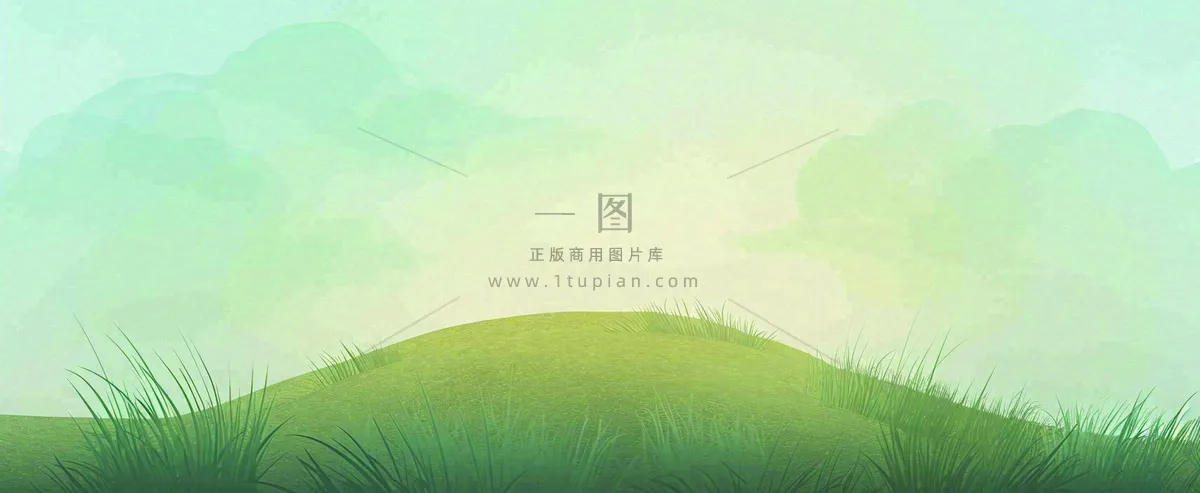 春天手绘绿色山坡春分，踏青，春游
