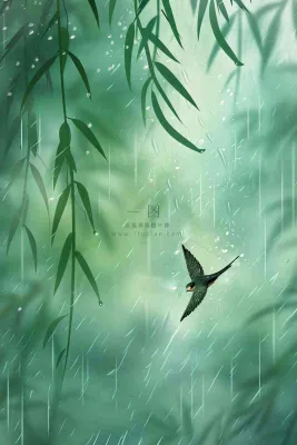 绿色简约小清新柳树雨天燕子雨水谷雨插画背景 绿色简约小清新柳树雨天燕子雨水谷雨插画背景