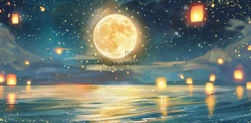 月亮中秋节河灯中元节风景唯美插画背景