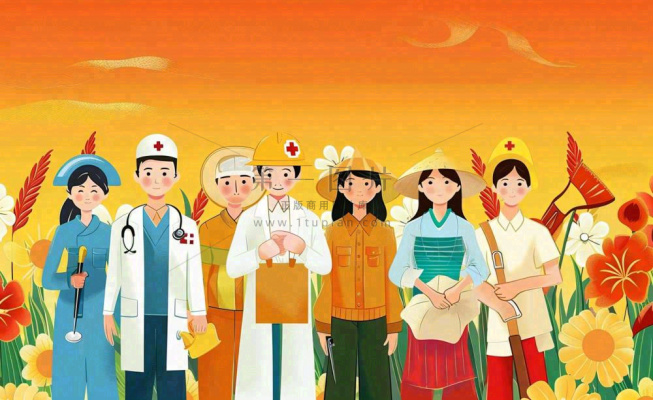 卡通人物劳动节职业人员橙色背景卡通插画背景