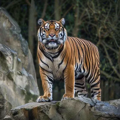 老虎站在假山上的老虎动物园摄影图