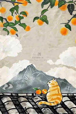 古风屋檐上的橘子树猫咪中国风插画处暑秋分白露插画背景 古风屋檐上的橘子树猫咪中国风插画处暑秋分白露插画背景