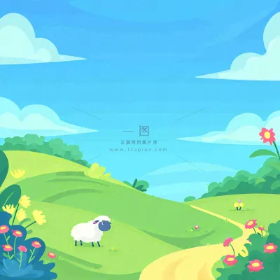 春天清新蓝天白云草地绵羊花朵扁平插画手绘 春天清新蓝天白云草地绵羊花朵扁平插画手绘