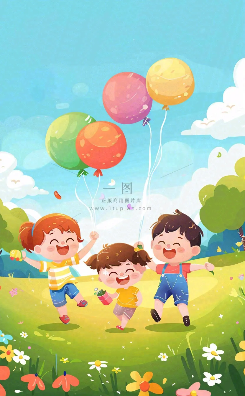 草坪玩耍的儿童气球派对儿童节卡通插画背景