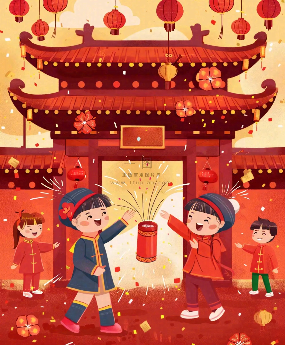 新年热闹儿童在家门口放烟花春节喜庆庆祝春节小年除夕夜元宵节卡通插画背景