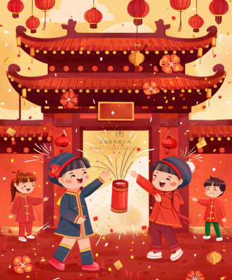 新年热闹儿童在家门口放烟花春节喜庆庆祝春节小年除夕夜元宵节卡通插画背景 新年热闹儿童在家门口放烟花春节喜庆庆祝春节小年除夕夜元宵节卡通插画背景