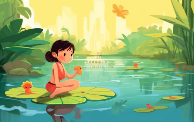 湖泊坐着睡莲上的人碧蓝插画背景 湖泊坐着睡莲上的人碧蓝插画背景