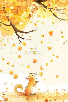 秋天银杏树下的松树秋意金黄色立秋秋分白露唯美插画背景 秋天银杏树下的松树秋意金黄色立秋秋分白露唯美插画背景