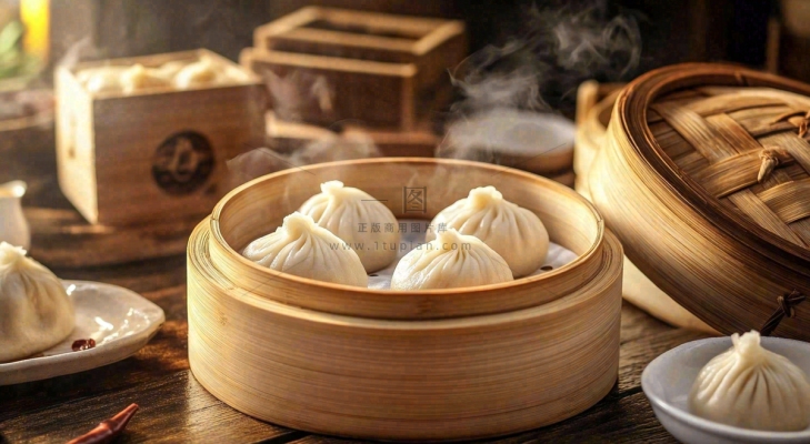 美味的小笼包笼屉美食早点摄影图